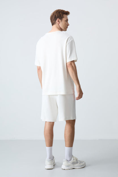 Beige Cotton Thick Soft Textured Oversize Fit Basic Men's Shorts Set - 85258