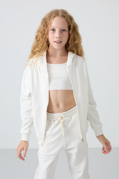 Light Beige Cotton Fleece-Lined Soft Textured Standard Fit Embroidered Girls' Tracksuit Set - 75148