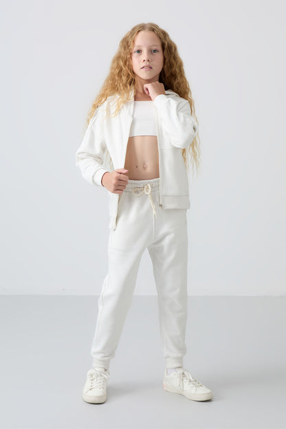 Light Beige Cotton Fleece-Lined Soft Textured Standard Fit Embroidered Girls' Tracksuit Set - 75148