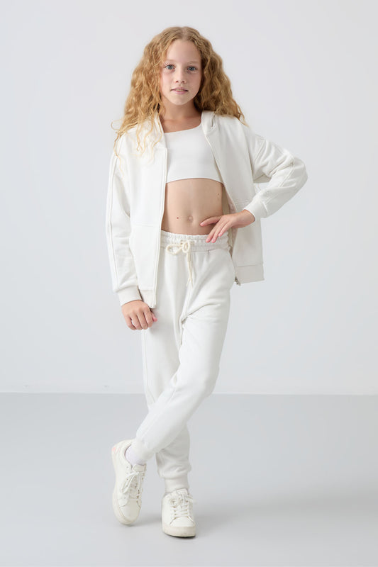 Light Beige Cotton Fleece-Lined Soft Textured Standard Fit Embroidered Girls' Tracksuit Set - 75148