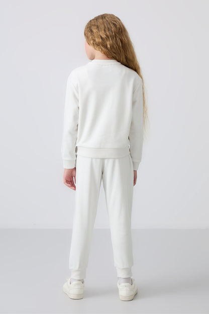 Ecru Cotton Fleece-Lined Soft Textured Oversize Embroidered Girls' Tracksuit Set - 75145