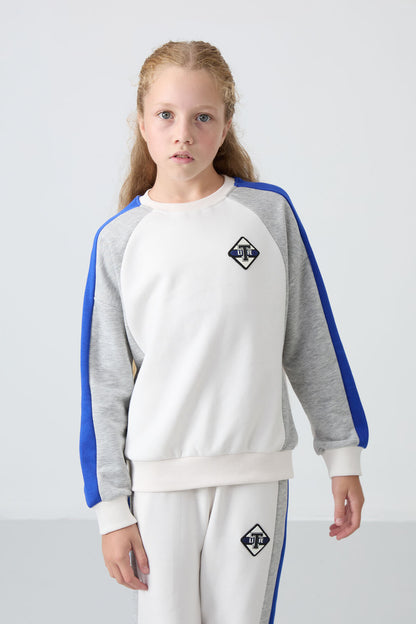 Light Beige Cotton Fleece-Lined Soft Textured Standard Fit Printed Girls' Tracksuit Set - 75165