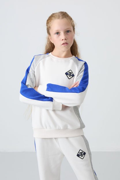 Light Beige Cotton Fleece-Lined Soft Textured Standard Fit Printed Girls' Tracksuit Set - 75165