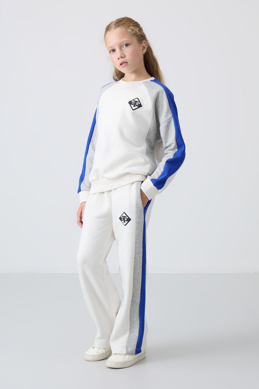 Light Beige Cotton Fleece-Lined Soft Textured Standard Fit Printed Girls' Tracksuit Set - 75165