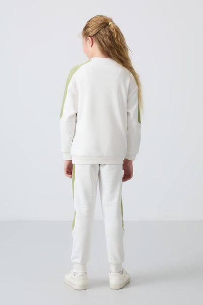 Light Beige Cotton Fleece-Lined Soft Textured Standard Fit Printed Girls' Tracksuit Set - 75170