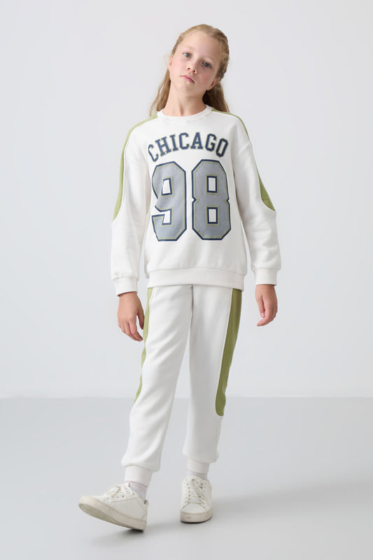 Light Beige Cotton Fleece-Lined Soft Textured Standard Fit Printed Girls' Tracksuit Set - 75170