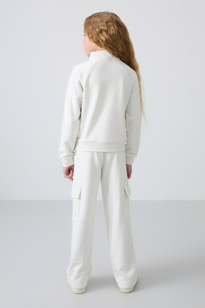 Light Beige Cotton Fleece-Lined Soft Textured Standard Fit Embroidered Girls' Tracksuit Set - 75159