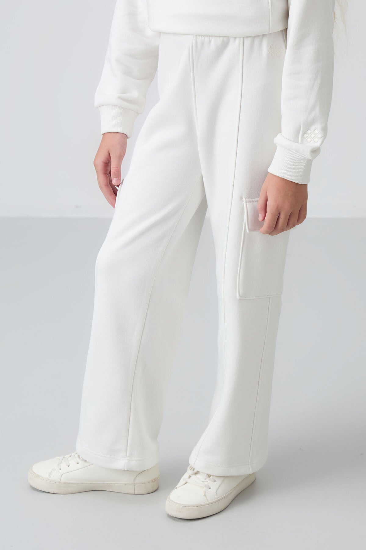 Light Beige Cotton Fleece-Lined Soft Textured Standard Fit Embroidered Girls' Tracksuit Set - 75159