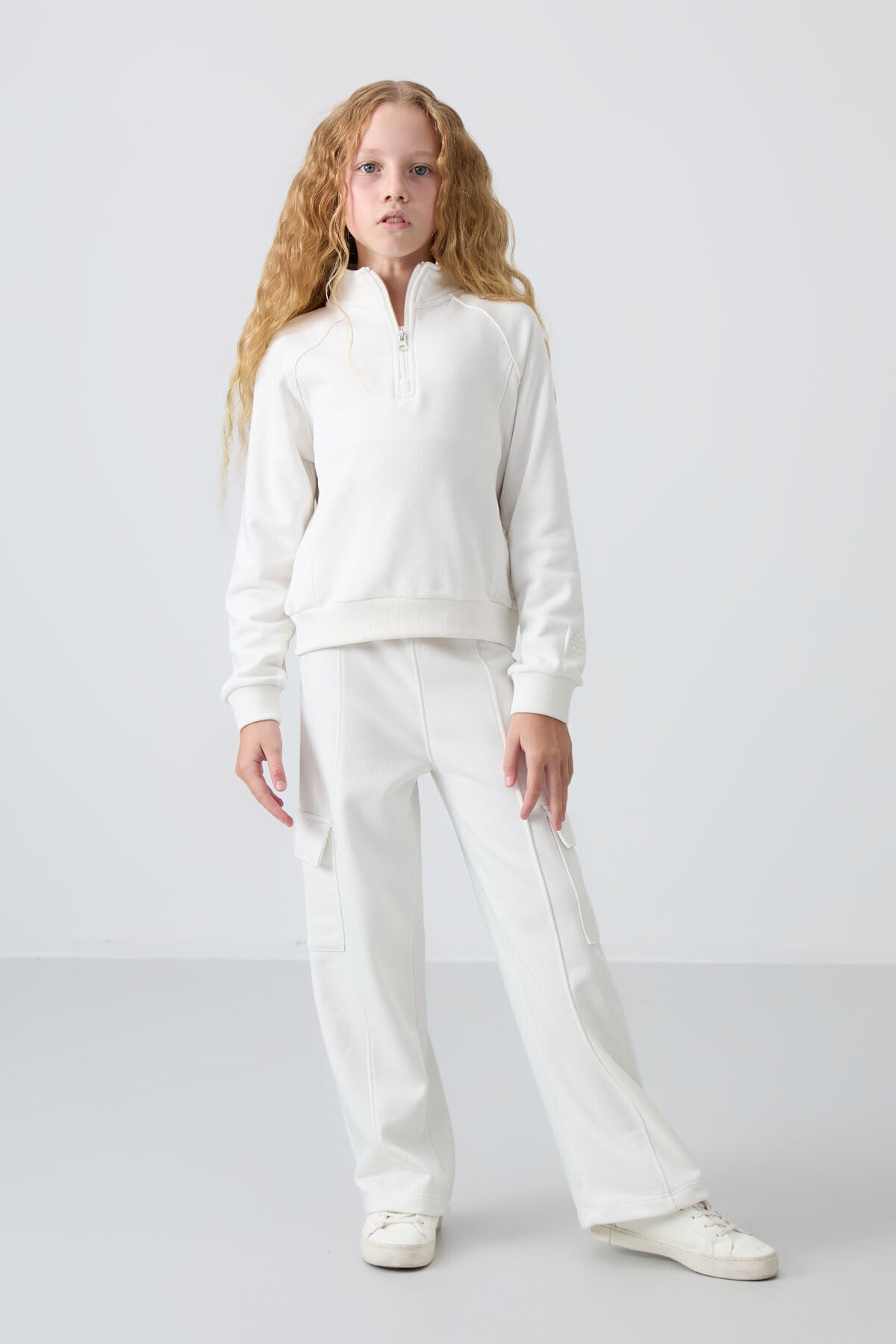 Light Beige Cotton Fleece-Lined Soft Textured Standard Fit Embroidered Girls' Tracksuit Set - 75159