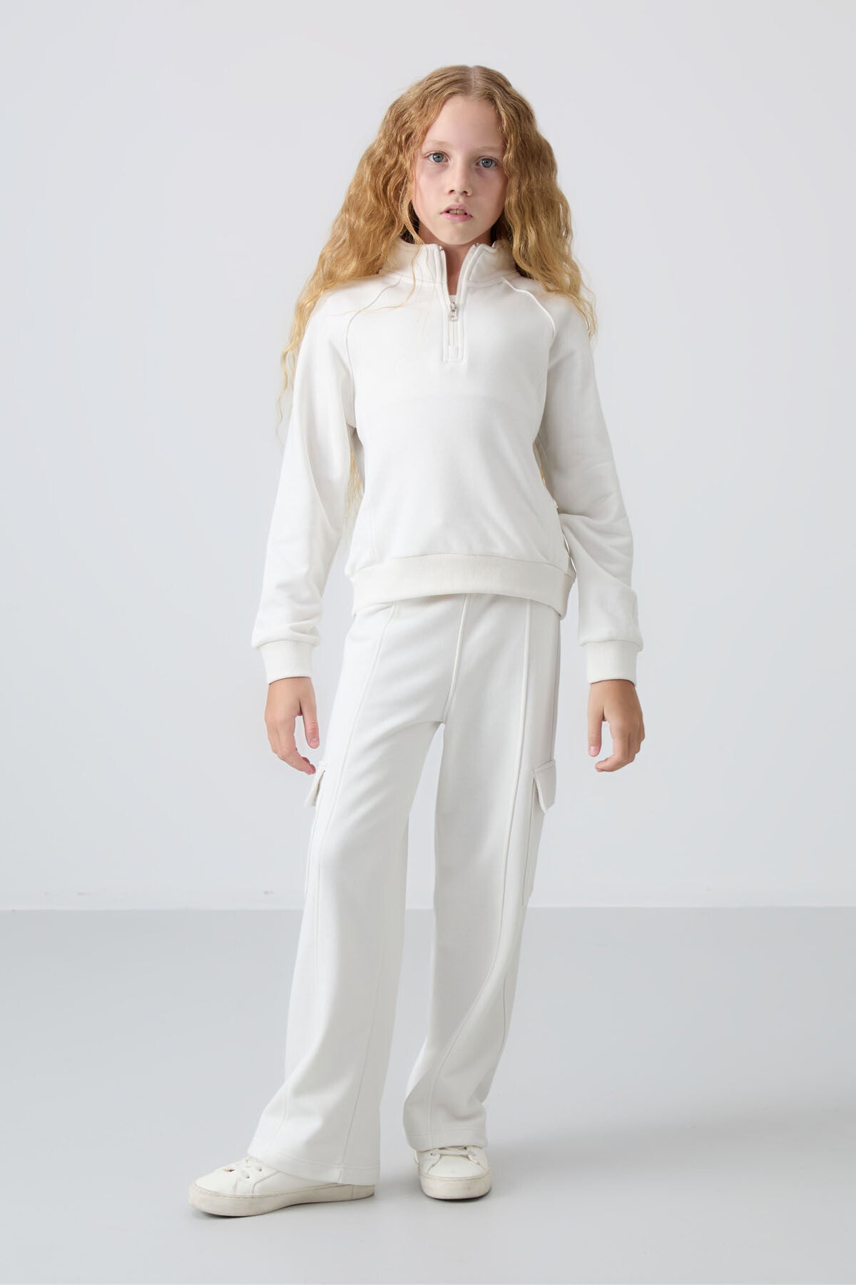Light Beige Cotton Fleece-Lined Soft Textured Standard Fit Embroidered Girls' Tracksuit Set - 75159