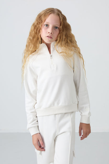 Light Beige Cotton Fleece-Lined Soft Textured Standard Fit Embroidered Girls' Tracksuit Set - 75159