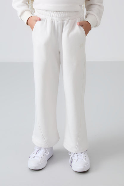 Light Beige Cotton Fleece-Lined Soft Textured Standard Fit Embroidered Girls' Tracksuit Set - 75162