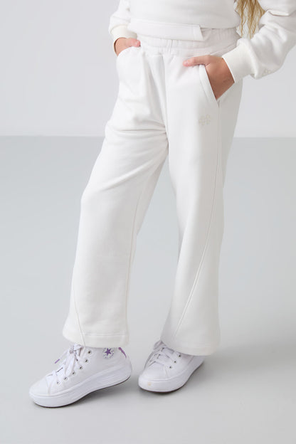 Light Beige Cotton Fleece-Lined Soft Textured Standard Fit Embroidered Girls' Tracksuit Set - 75162