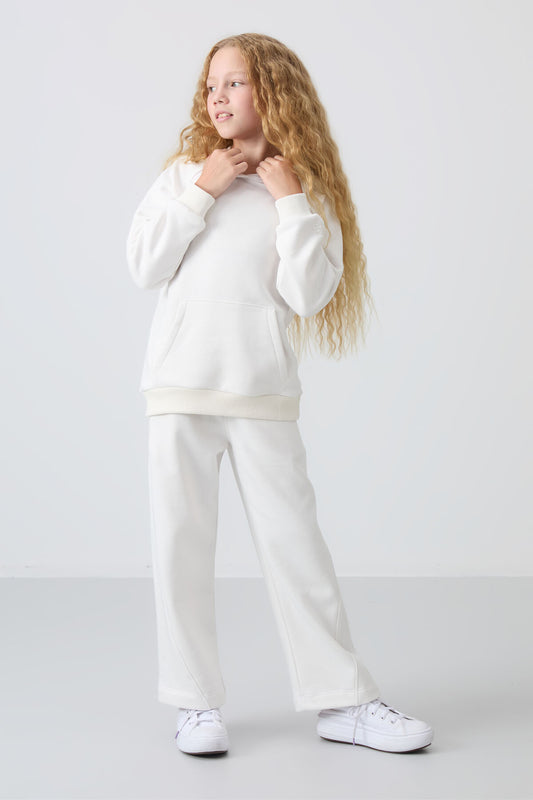 Light Beige Cotton Fleece-Lined Soft Textured Standard Fit Embroidered Girls' Tracksuit Set - 75162