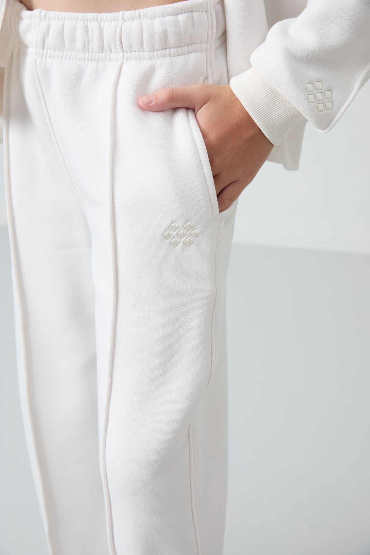 Light Beige Cotton Fleece-Lined Soft Textured Standard Fit Embroidered Girls' Tracksuit Set - 75161