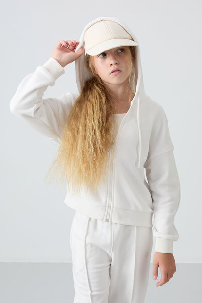 Light Beige Cotton Fleece-Lined Soft Textured Standard Fit Embroidered Girls' Tracksuit Set - 75161