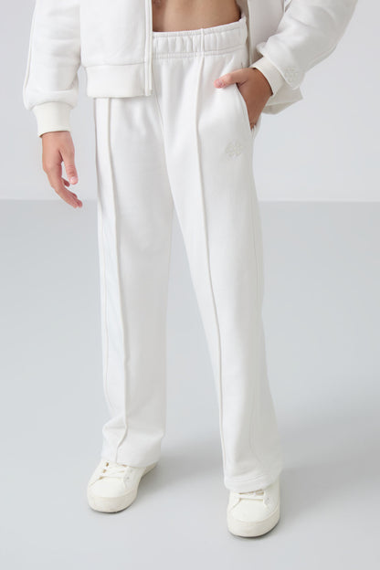 Light Beige Cotton Fleece-Lined Soft Textured Standard Fit Embroidered Girls' Tracksuit Set - 75161