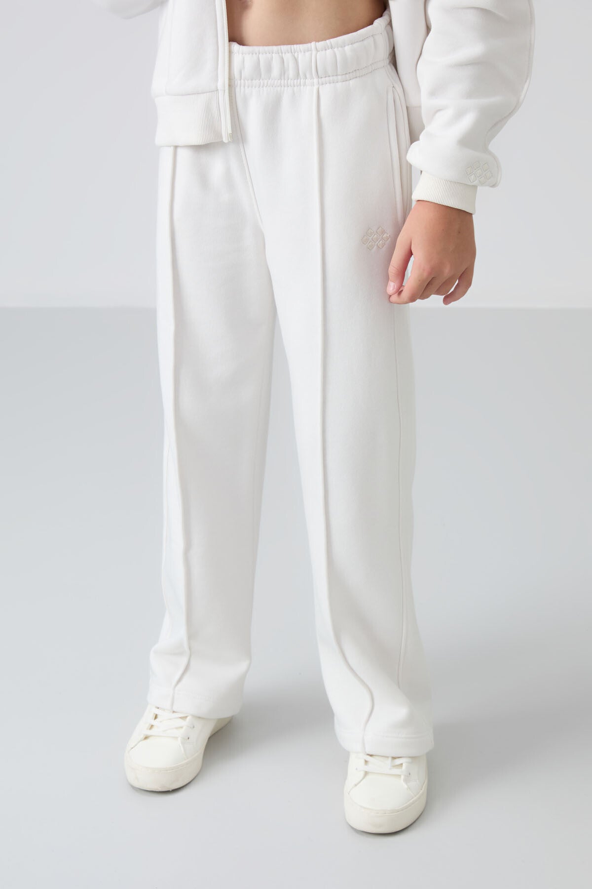 Light Beige Cotton Fleece-Lined Soft Textured Standard Fit Embroidered Girls' Tracksuit Set - 75161