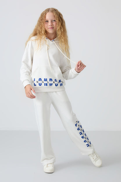 Ecru Cotton Fleece-Lined Soft Textured Oversize Printed Girls' Tracksuit Set - 75147