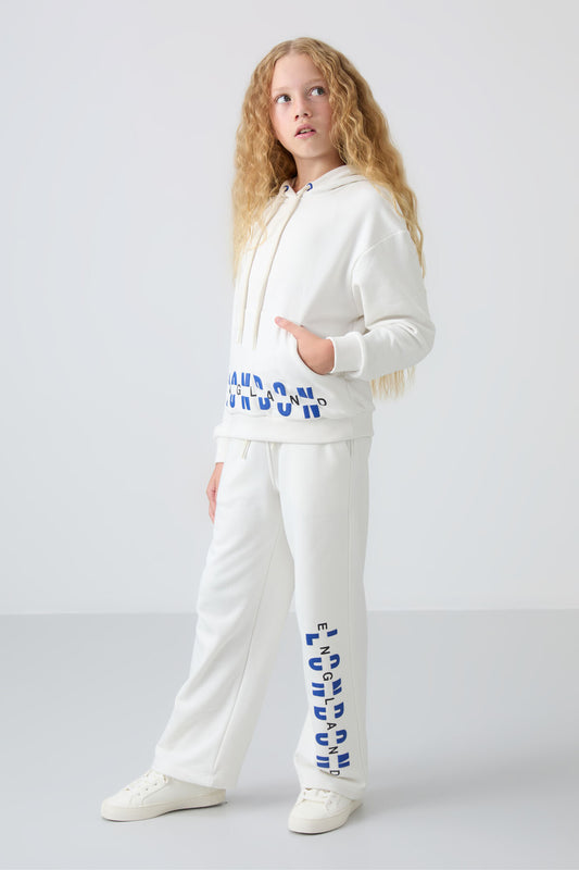 Ecru Cotton Fleece-Lined Soft Textured Oversize Printed Girls' Tracksuit Set - 75147