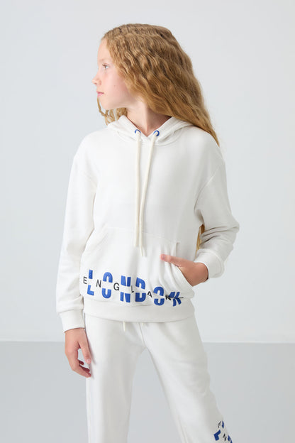 Ecru Cotton Fleece-Lined Soft Textured Oversize Printed Girls' Tracksuit Set - 75147