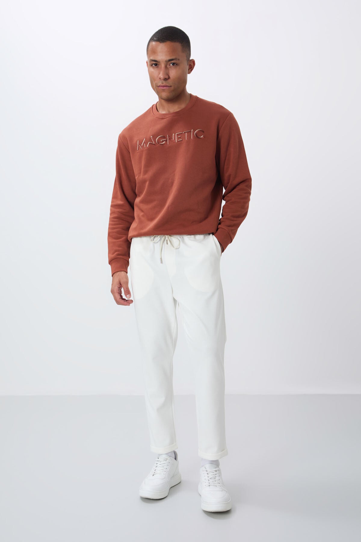 Ecru Textured Surface Standard Fit Men's Tracksuit Bottom - 82154