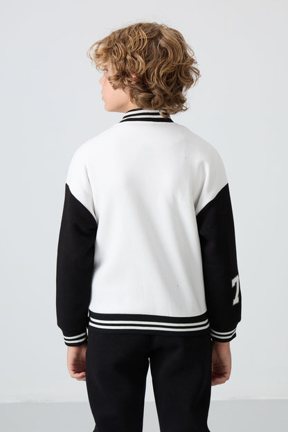 Beige Cotton Thick Fleece-Lined Soft Textured Standard Fit Embroidered Boys' College Jacket - 11258