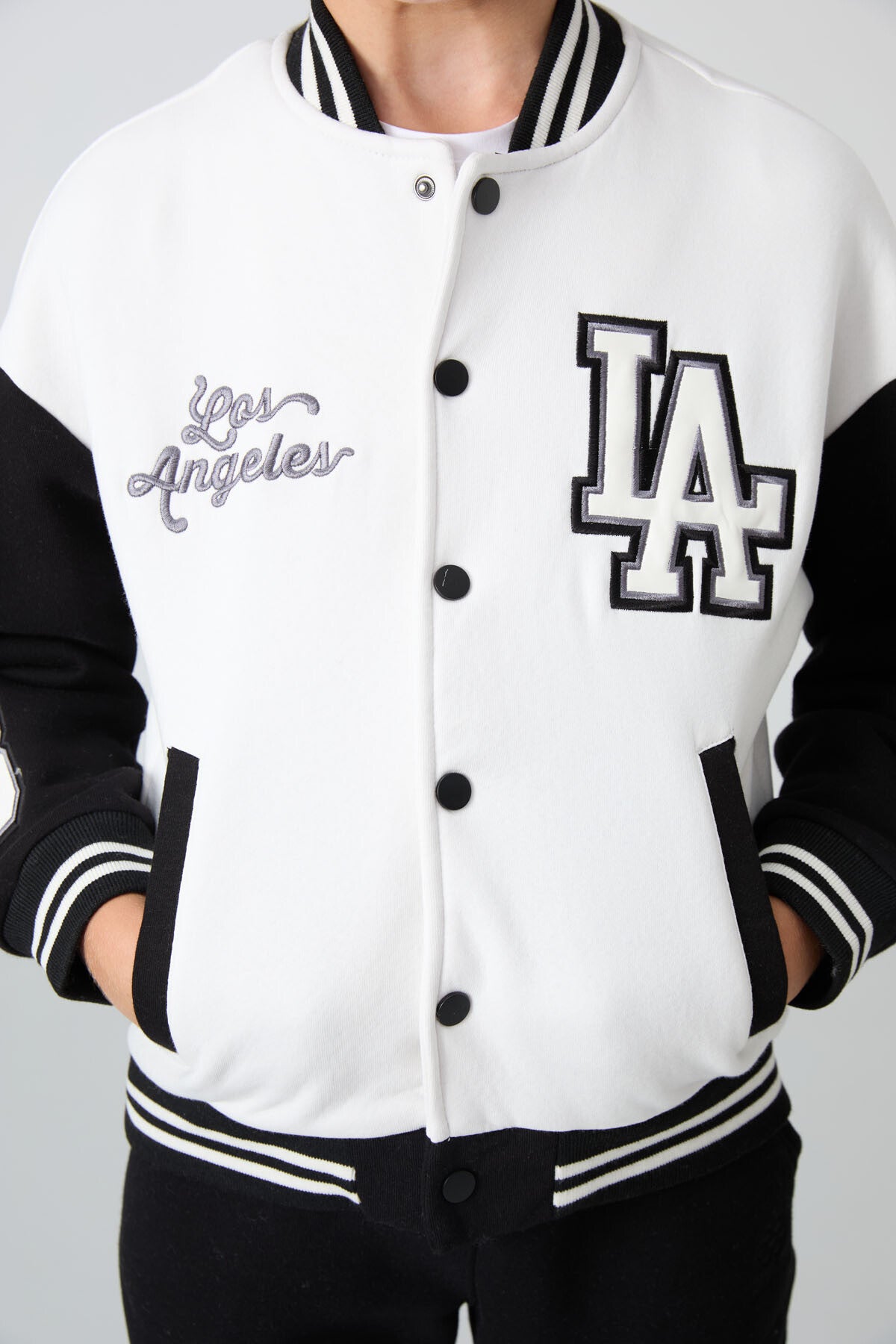 Beige Cotton Thick Fleece-Lined Soft Textured Standard Fit Embroidered Boys' College Jacket - 11258
