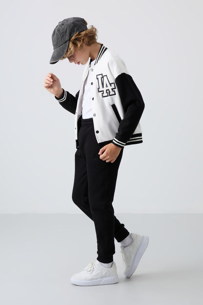 Beige Cotton Thick Fleece-Lined Soft Textured Standard Fit Embroidered Boys' College Jacket - 11258