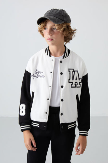 Beige Cotton Thick Fleece-Lined Soft Textured Standard Fit Embroidered Boys' College Jacket - 11258