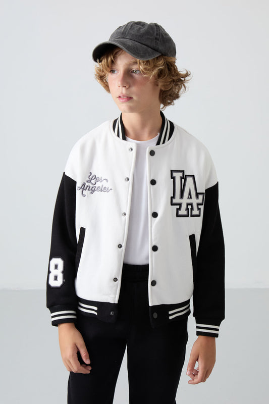Beige Cotton Thick Fleece-Lined Soft Textured Standard Fit Embroidered Boys' College Jacket - 11258