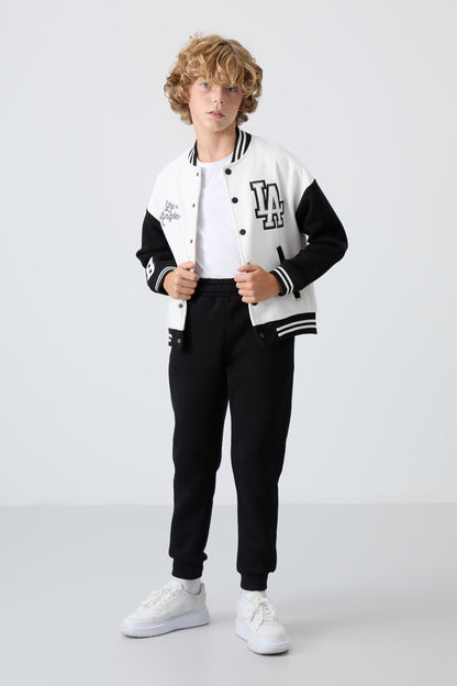 Beige Cotton Thick Fleece-Lined Soft Textured Standard Fit Embroidered Boys' College Jacket - 11258