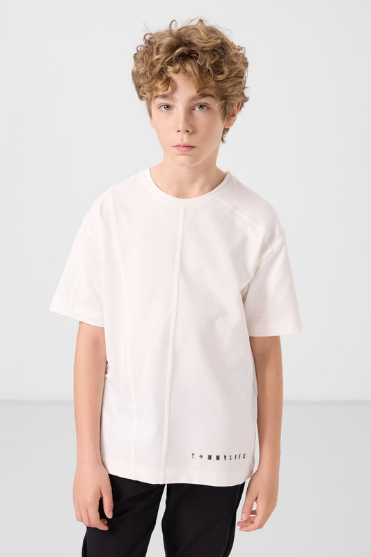 Oversize Basic Boy Boy T-Shirt with soft fabric with Ekru cotton - 11297