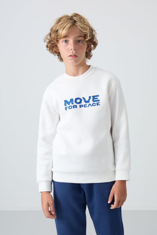 Beige Cotton Thick Fleece-Lined Soft Textured Standard Fit Printed Boys' Sweatshirt - 11216