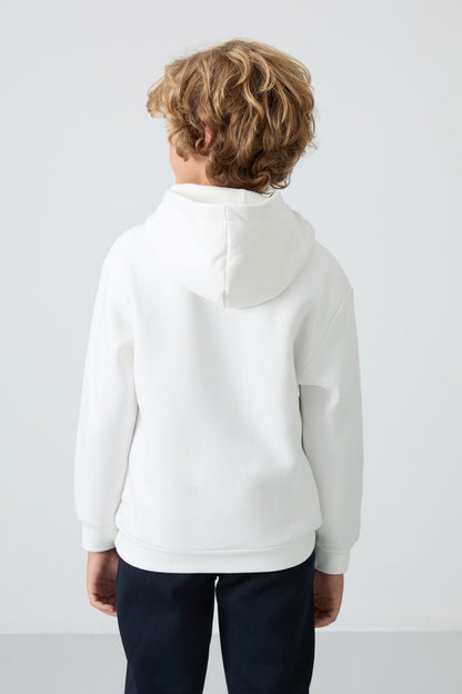 Ecru Cotton Thick Fleece-Lined Soft Textured Standard Fit Printed Boys' Sweatshirt - 11215