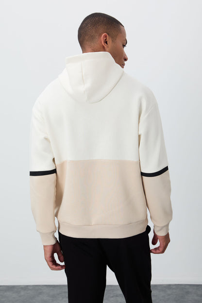 Ecru Cotton Thick Fleece-Lined Soft Textured Comfort Fit Embroidered Men's Sweatshirt - 88417