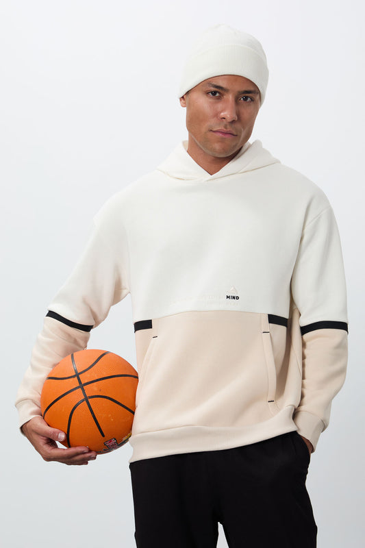 Ecru Cotton Thick Fleece-Lined Soft Textured Comfort Fit Embroidered Men's Sweatshirt - 88417
