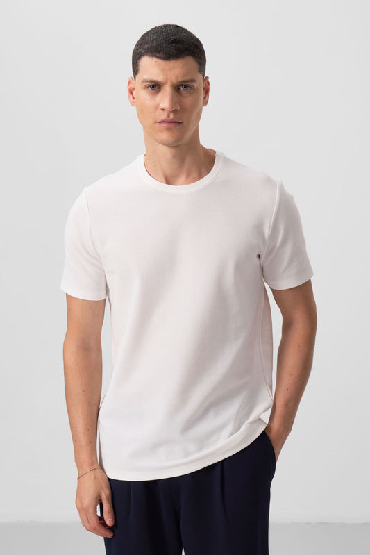Beige Textured Surface Comfort Fit Basic Men's T-Shirt - 88436