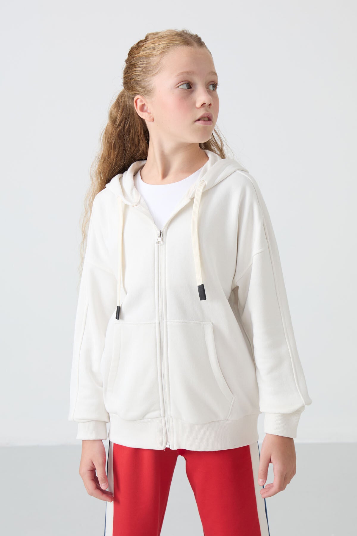 Light Beige Cotton Fleece-Lined Soft Textured Standard Fit Embroidered Girls' Sweatshirt - 75149