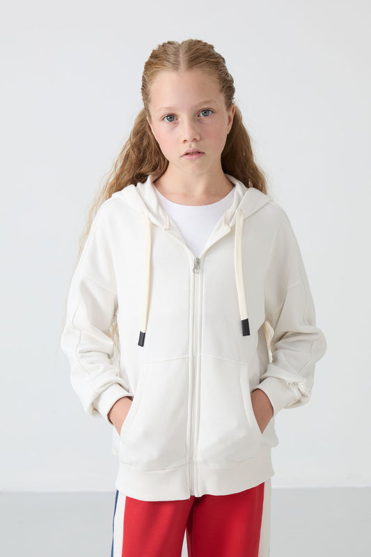 Light Beige Cotton Fleece-Lined Soft Textured Standard Fit Embroidered Girls' Sweatshirt - 75149