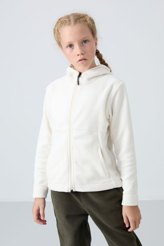 Ecru Thick Soft Textured Standard Fit Embroidered Fleece Girls' Sweatshirt - 75152