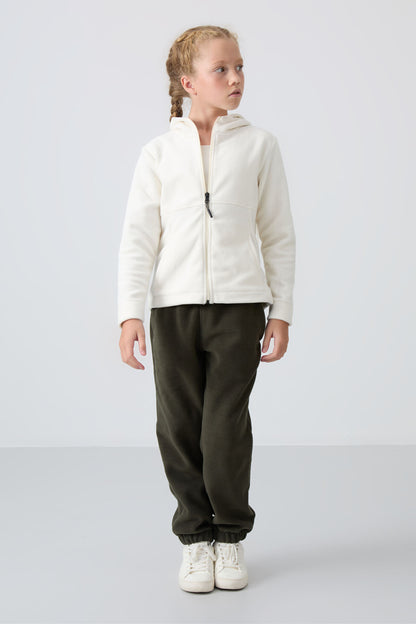 Ecru Thick Soft Textured Standard Fit Embroidered Fleece Girls' Sweatshirt - 75152
