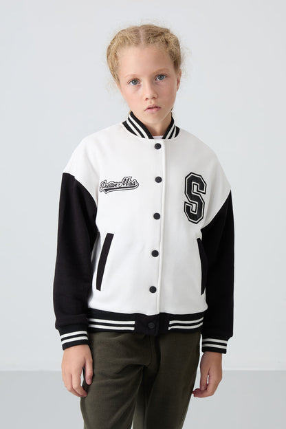 Ecru Cotton Lined Furry Soft Textured Standard Fit Embroidered Girls' College Jacket - 75163