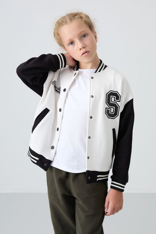 Ecru Cotton Lined Furry Soft Textured Standard Fit Embroidered Girls' College Jacket - 75163