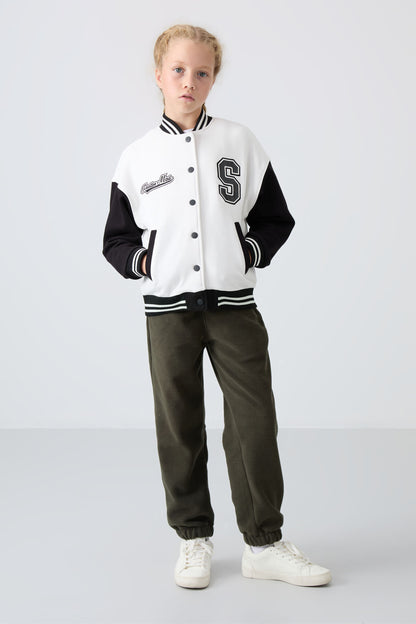 Ecru Cotton Lined Furry Soft Textured Standard Fit Embroidered Girls' College Jacket - 75163