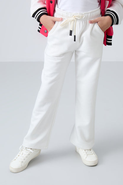 Light Beige Cotton Fleece-Lined Soft Textured Standard Fit Embroidered Girls' Tracksuit Bottom - 75146