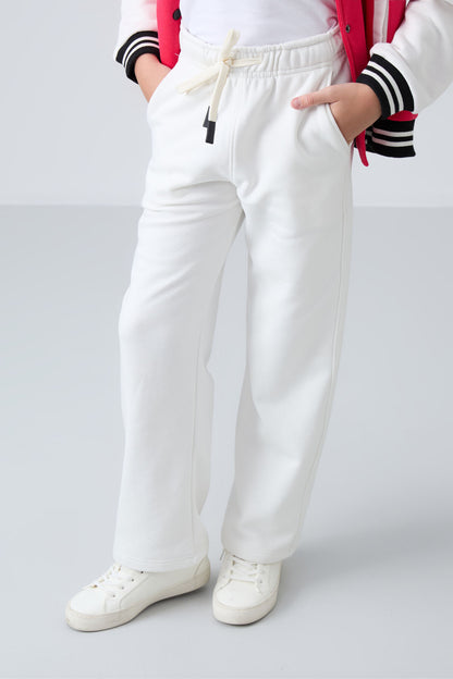 Light Beige Cotton Fleece-Lined Soft Textured Standard Fit Embroidered Girls' Tracksuit Bottom - 75146