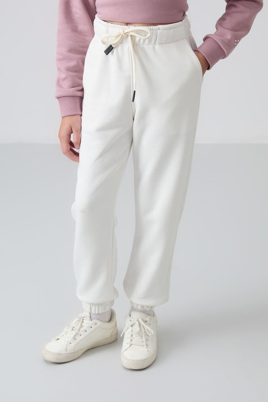 Ecru Cotton-Lined Fleece-Lined Soft Textured Standard Fit Embroidered Girls' Tracksuit Bottom - 75158