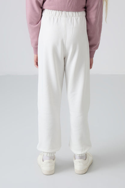 Ecru Cotton-Lined Fleece-Lined Soft Textured Standard Fit Embroidered Girls' Tracksuit Bottom - 75158