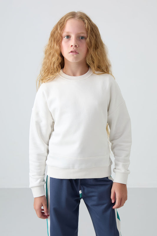 Ecru Cotton Fleece-Lined Soft Textured Oversize Embroidered Girls' Sweatshirt - 75150